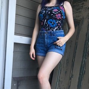 Black Spaghetti Strap with Blue and Pink Flowers